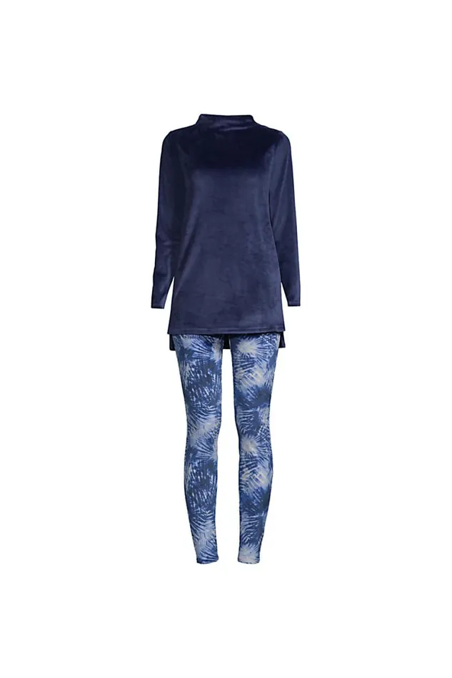 Lands039 End Pajamas and Robes Women Plus Size Cozy Pajama Set Long Sleeve Top And Print Leggings Deep Sea Navy Tie Dye Palm