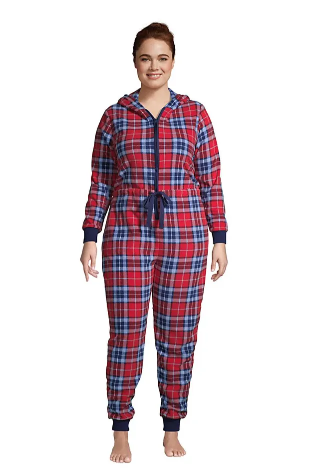 Lands039 End Pajamas and Robes Women Plus Size Fleece Hooded Onepiece Rich Red Multi Plaid Lands039 End Pajamas and Robes Women Plus Size Fleece Hooded Onepiece Rich Red Multi Plaid