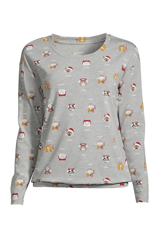 Lands039 End Pajamas and Robes Women Plus Size Lounge Long Sleeve Pajama Shirt Gray Heather Cats