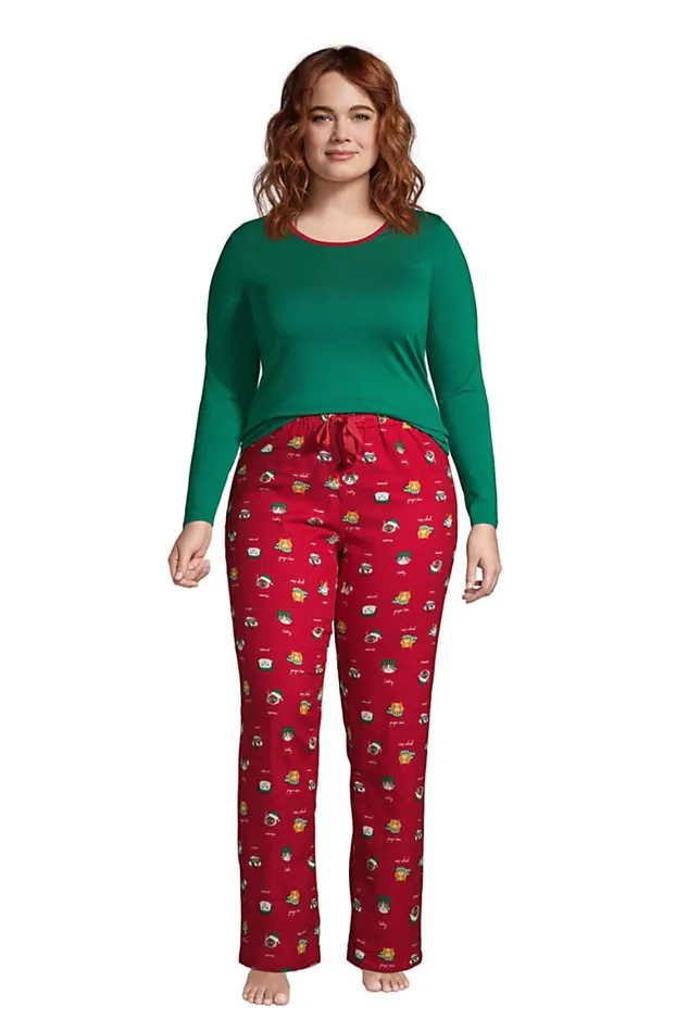 Lands039 End Pajamas and Robes Women Plus Size Pajama Set Knit Long Sleeve Tshirt And Flannel Pants Rich Red Cats