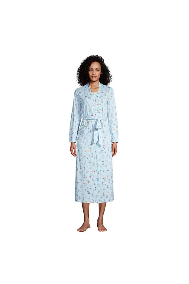 Lands039 End Pajamas and Robes Women Supima Cotton Long Robe Blue Botanical Floral Check Lands039 End Pajamas and Robes Women Supima Cotton Long Robe Blue Botanical Floral Check