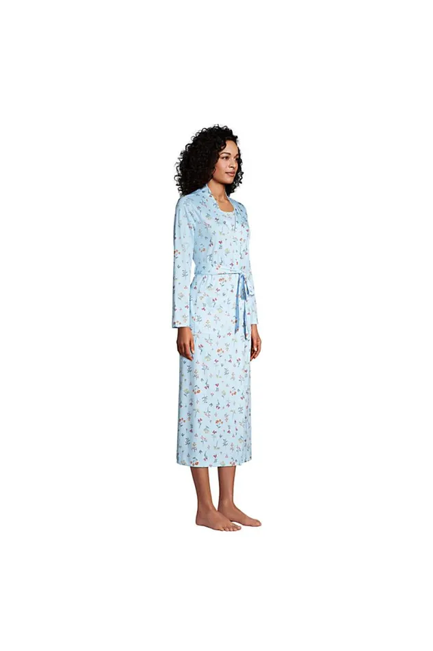 Lands039 End Pajamas and Robes Women Supima Cotton Long Robe Blue Botanical Floral Check