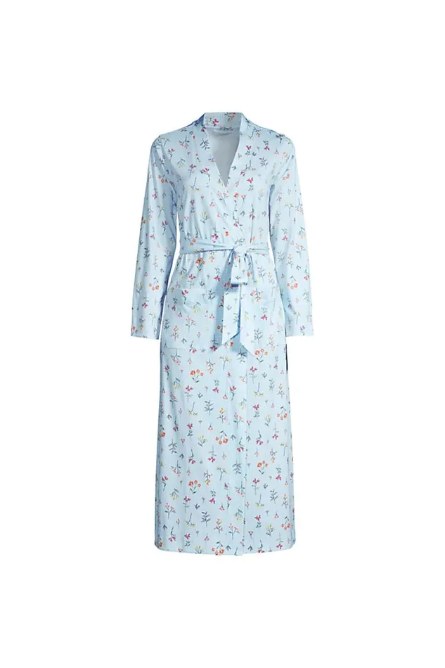 Lands039 End Pajamas and Robes Women Supima Cotton Long Robe Blue Botanical Floral Check