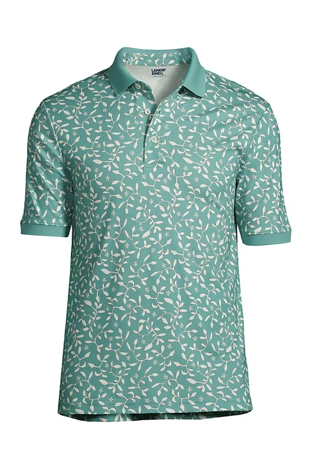 Lands039 End Polo Shirts Men Short Sleeve Jacquard Super Soft Supima Polo Shirt Teal Shadow Floral Leaf