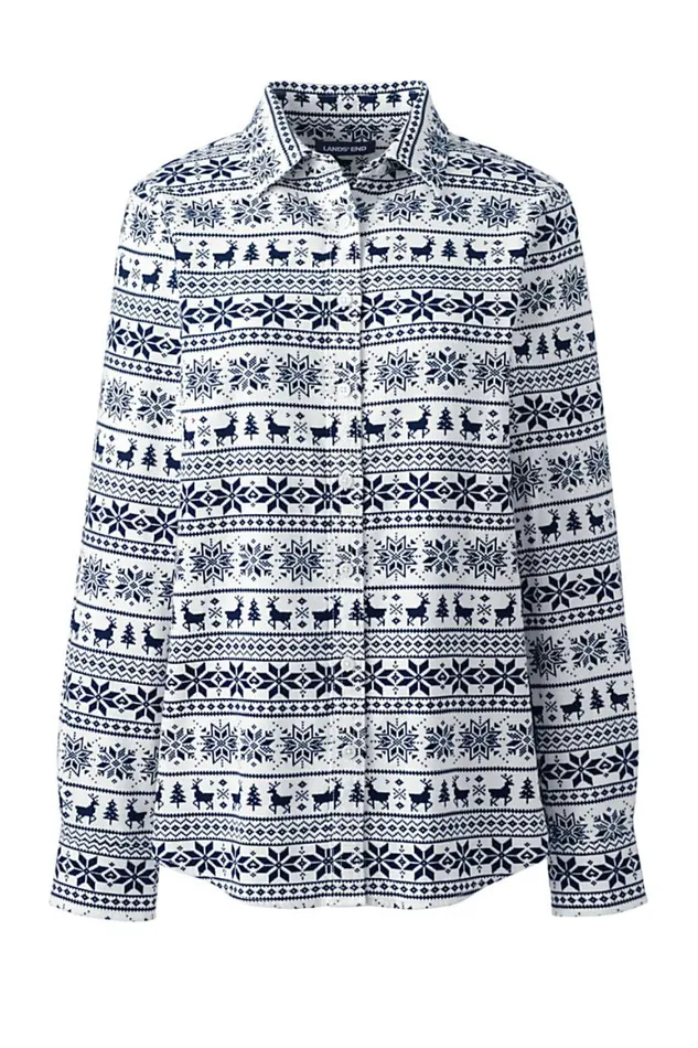 Lands039 End Shirts and Blouses Women Flannel Shirt Deep Sea Deer Fairisle