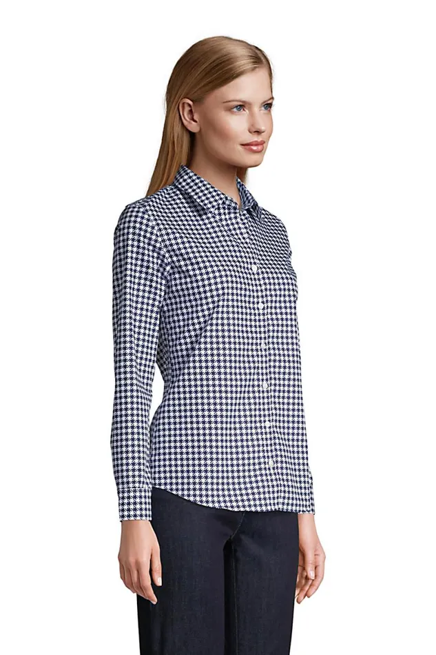 Lands039 End Shirts and Blouses Women No Iron Supima Cotton Long Sleeve Shirt Deep Sea Navy Dot Tree