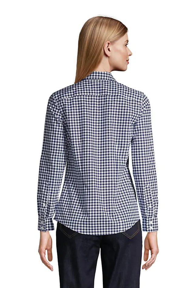 Lands039 End Shirts and Blouses Women No Iron Supima Cotton Long Sleeve Shirt Deep Sea Navy Dot Tree