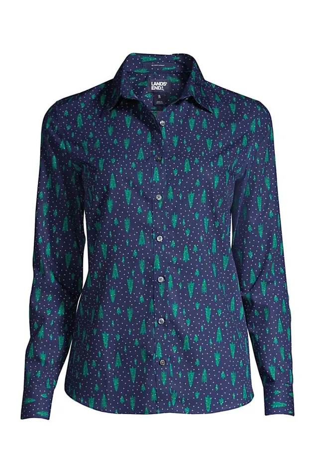 Lands039 End Shirts and Blouses Women No Iron Supima Cotton Long Sleeve Shirt Deep Sea Navy Dot Tree
