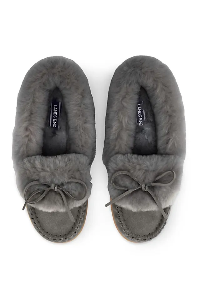 Lands039 End Shoes Women Suede Leather Fuzzy Shearling Fur Moccasin Slippers Dark Gray