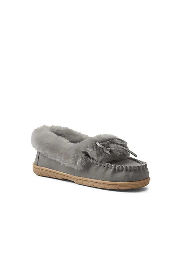 Lands039 End Shoes Women Suede Leather Fuzzy Shearling Fur Moccasin Slippers Dark Gray Lands039 End Shoes Women Suede Leather Fuzzy Shearling Fur Moccasin Slippers Dark Gray
