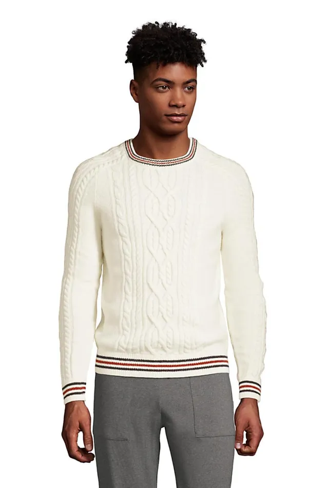 Lands039 End Sweaters Men Lighthouse Cable Crewneck Sweater Ivory