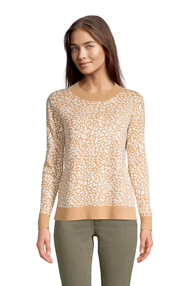 Lands039 End Sweaters Women Fine Gauge Cotton Crewneck Sweater 8211 Jacquard Vicuna Heather Leopard Lands039 End Sweaters Women Fine Gauge Cotton Crewneck Sweater 8211 Jacquard Vicuna Heather Leopard