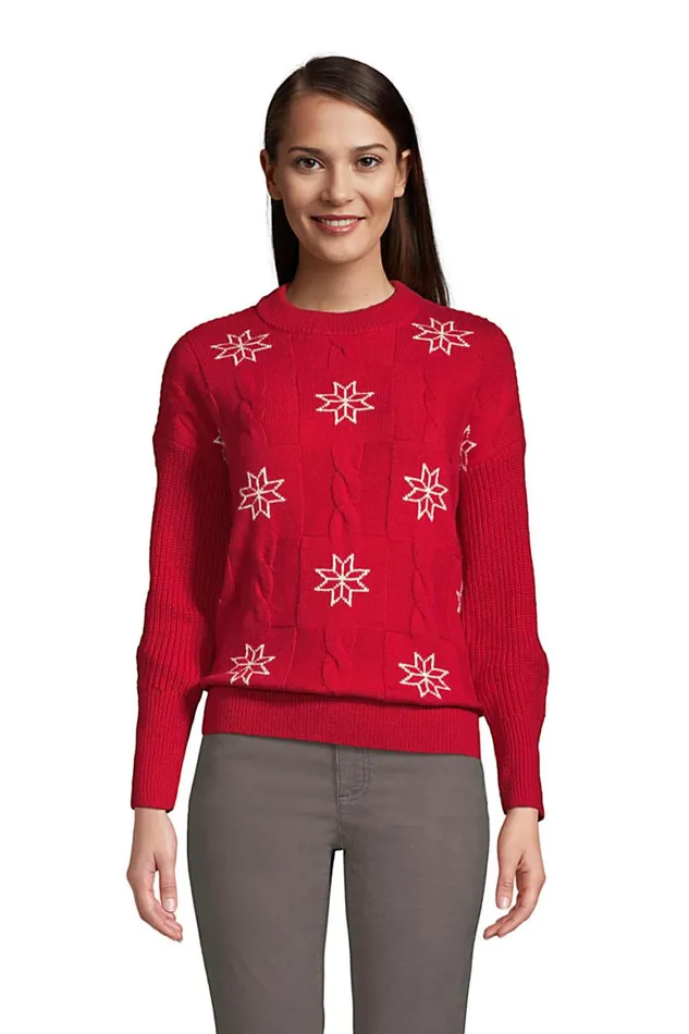Lands039 End Sweaters Women Patchwork Crew Neck Sweater 8211 Snowflake Rich Red Snowflake Lands039 End Sweaters Women Patchwork Crew Neck Sweater 8211 Snowflake Rich Red Snowflake