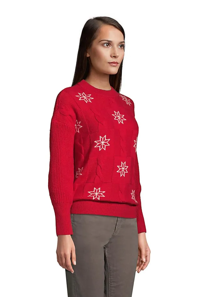 Lands039 End Sweaters Women Patchwork Crew Neck Sweater 8211 Snowflake Rich Red Snowflake