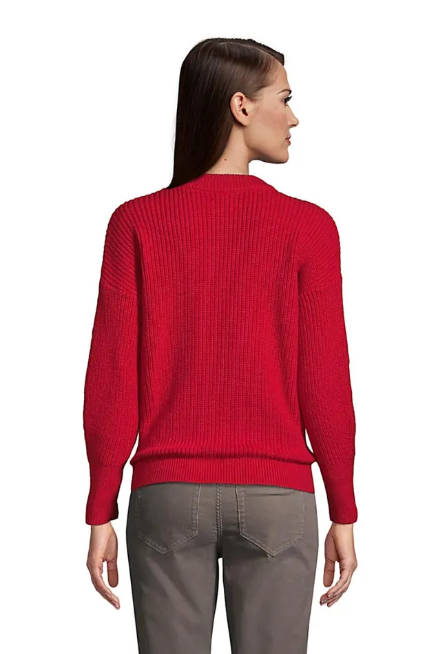 Lands039 End Sweaters Women Patchwork Crew Neck Sweater 8211 Snowflake Rich Red Snowflake