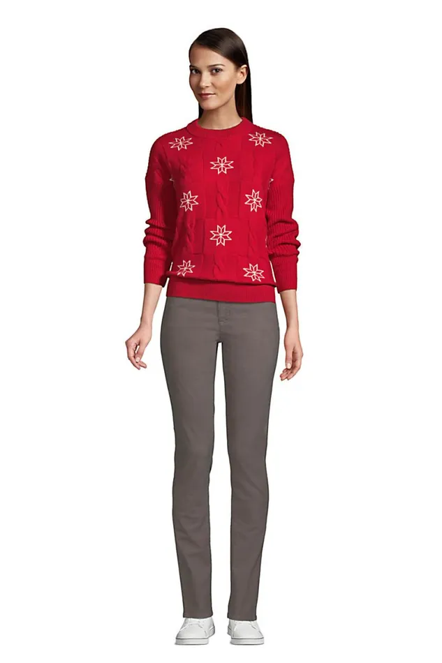 Lands039 End Sweaters Women Patchwork Crew Neck Sweater 8211 Snowflake Rich Red Snowflake