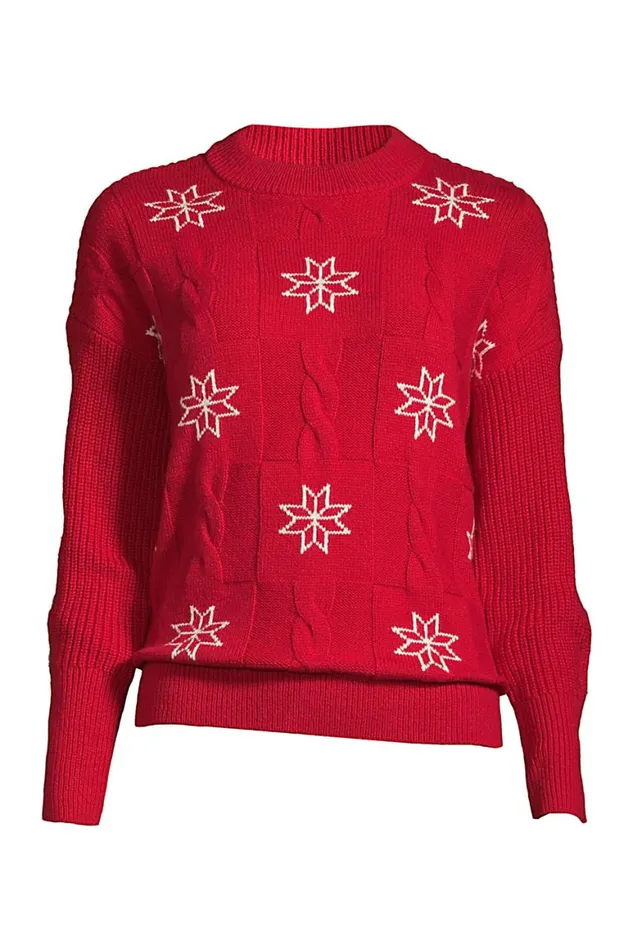 Lands039 End Sweaters Women Patchwork Crew Neck Sweater 8211 Snowflake Rich Red Snowflake