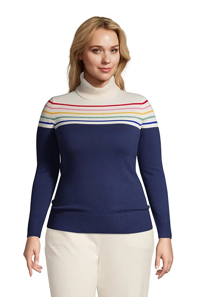 Lands039 End Sweaters Women Plus Size Cashmere Turtleneck Sweater 8211 Colorblock Deep Sea Navy Rainbow Stripe Lands039 End Sweaters Women Plus Size Cashmere Turtleneck Sweater 8211 Colorblock Deep Sea Navy Rainbow Stripe