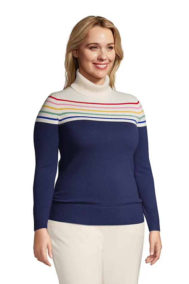 Lands039 End Sweaters Women Plus Size Cashmere Turtleneck Sweater 8211 Colorblock Deep Sea Navy Rainbow Stripe