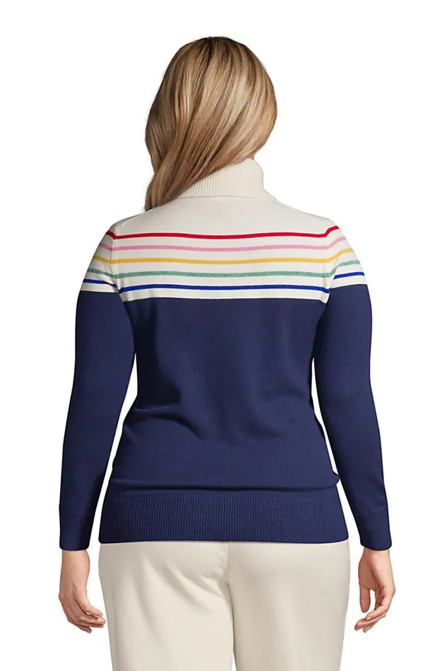 Lands039 End Sweaters Women Plus Size Cashmere Turtleneck Sweater 8211 Colorblock Deep Sea Navy Rainbow Stripe