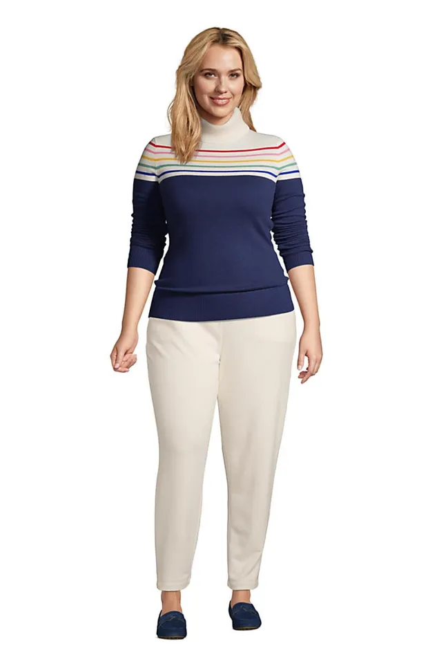 Lands039 End Sweaters Women Plus Size Cashmere Turtleneck Sweater 8211 Colorblock Deep Sea Navy Rainbow Stripe