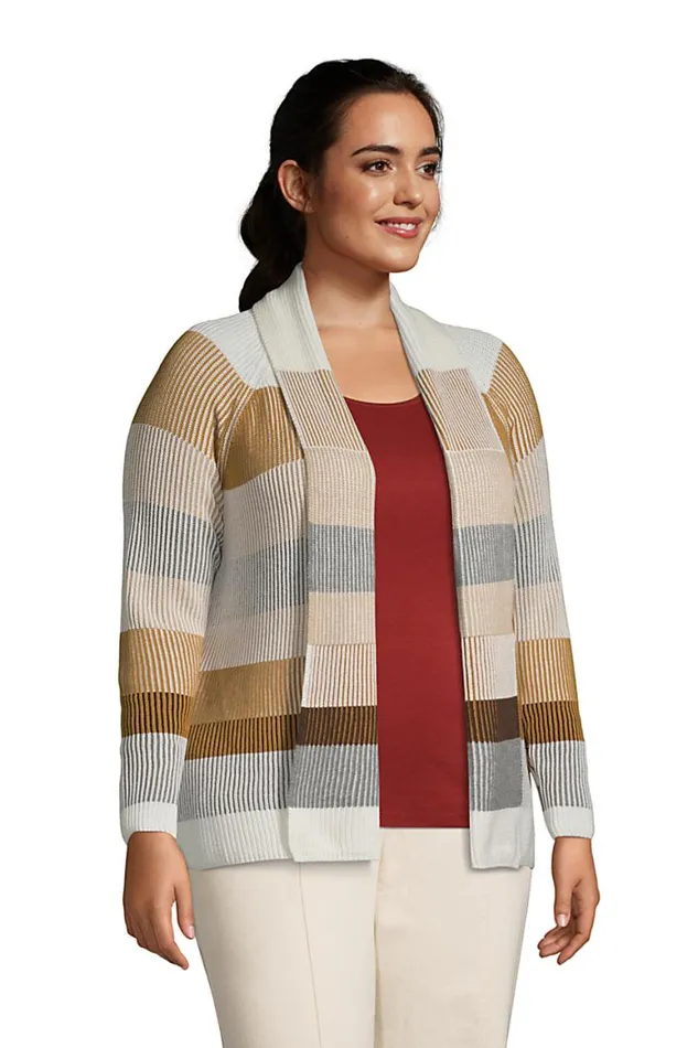 Lands039 End Sweaters Women Plus Size Drifter Shaker Open Cardigan Sweater 8211 Stripe Ivory Plaited Multi Stripe