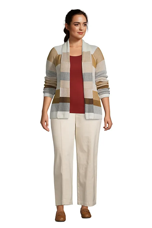 Lands039 End Sweaters Women Plus Size Drifter Shaker Open Cardigan Sweater 8211 Stripe Ivory Plaited Multi Stripe