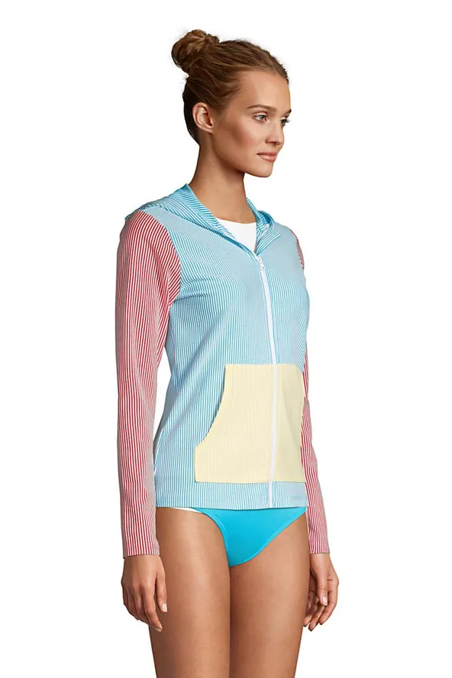 Lands039 End Swimsuits Women Chlorine Resistant Hooded Full Zip Long Sleeve Rash Guard Upf 50 Coverup Pockets Seersucker Turquoise Lands039 End Swimsuits Women Chlorine Resistant Hooded Full Zip Long Sleeve Rash Guard Upf 50 Coverup Pockets Seersucker Turquoise