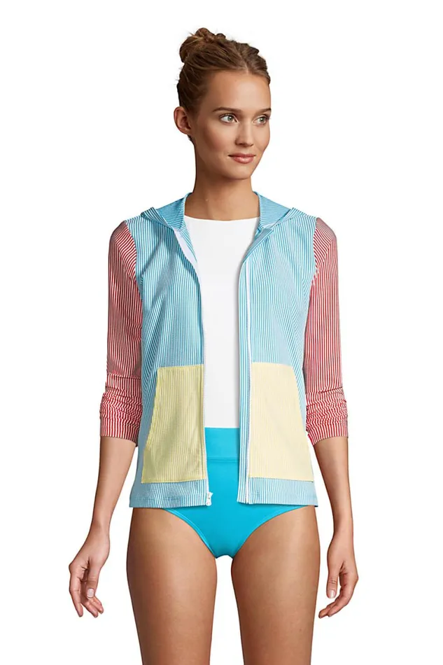 Lands039 End Swimsuits Women Chlorine Resistant Hooded Full Zip Long Sleeve Rash Guard Upf 50 Coverup Pockets Seersucker Turquoise Lands039 End Swimsuits Women Chlorine Resistant Hooded Full Zip Long Sleeve Rash Guard Upf 50 Coverup Pockets Seersucker Turquoise