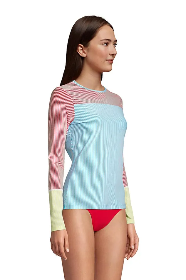 Lands039 End Swimsuits Women Chlorine Resistant Long Sleeve Rash Guard Upf 50 Sun Protection Swim Tee Seersucker Turquoise Lands039 End Swimsuits Women Chlorine Resistant Long Sleeve Rash Guard Upf 50 Sun Protection Swim Tee Seersucker Turquoise