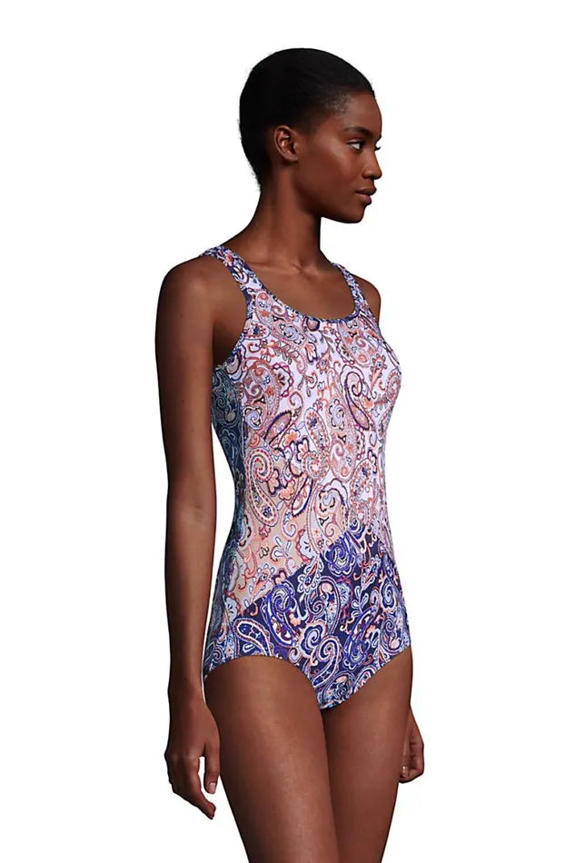 Lands039 End Swimsuits Women Chlorine Resistant Scoop Neck Soft Cup Tugless Sporty One Piece Swimsuit Print Deep Sea Navy Paisley Mix