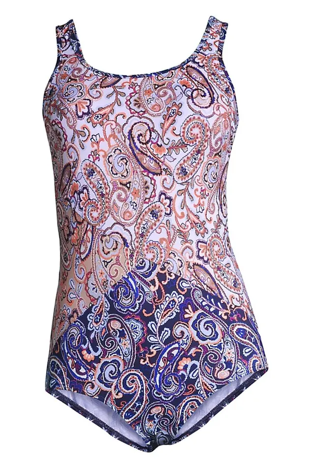 Lands039 End Swimsuits Women Chlorine Resistant Scoop Neck Soft Cup Tugless Sporty One Piece Swimsuit Print Deep Sea Navy Paisley Mix