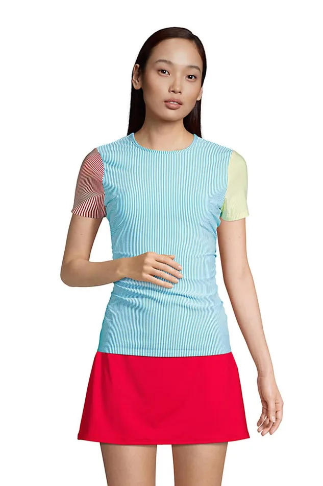 Lands039 End Swimsuits Women Chlorine Resistant Short Sleeve Modest Tankini Top Swimsuit Built In Soft Cup Bra Seersucker Turquoise Lands039 End Swimsuits Women Chlorine Resistant Short Sleeve Modest Tankini Top Swimsuit Built In Soft Cup Bra Seersucker Turquoise