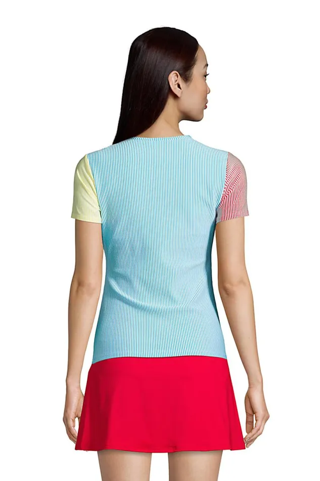 Lands039 End Swimsuits Women Chlorine Resistant Short Sleeve Modest Tankini Top Swimsuit Built In Soft Cup Bra Seersucker Turquoise