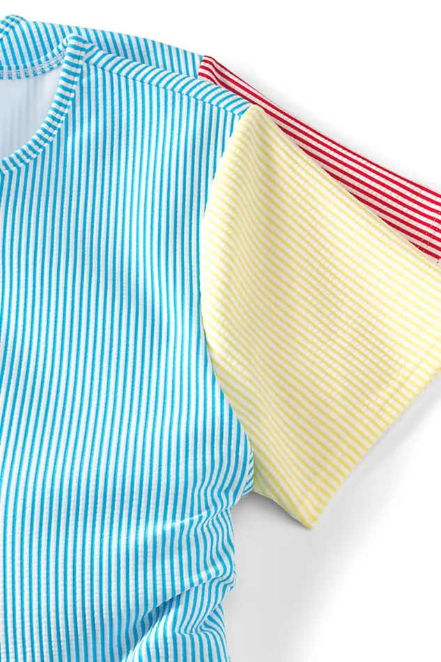 Lands039 End Swimsuits Women Chlorine Resistant Short Sleeve Modest Tankini Top Swimsuit Built In Soft Cup Bra Seersucker Turquoise