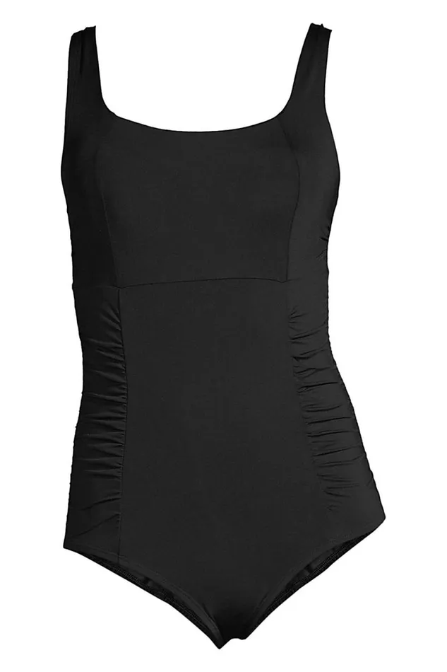 Lands039 End Swimsuits Women Chlorine Resistant Square Neck Rouched One Piece Swimsuit Black