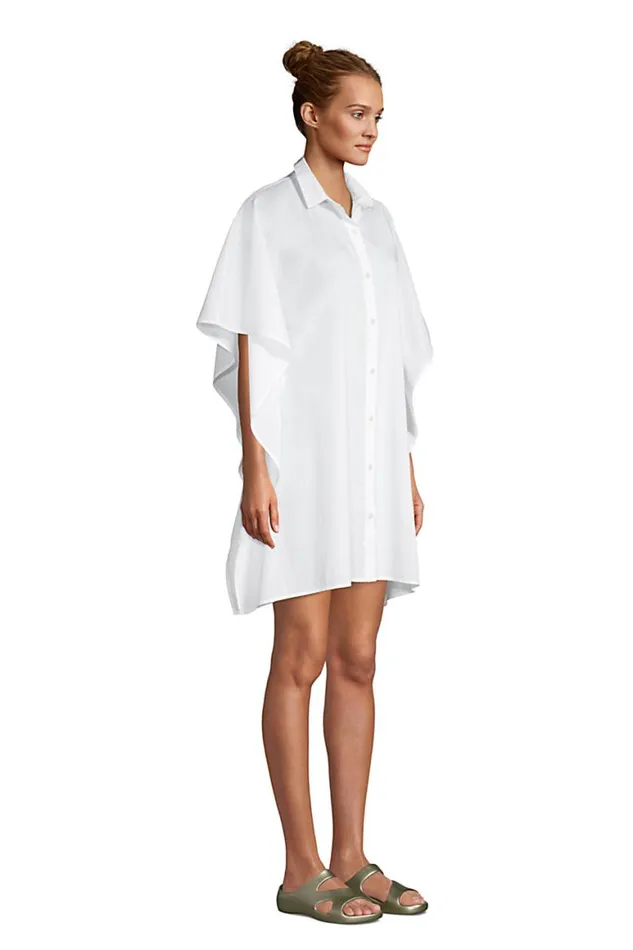 Lands039 End Swimsuits Women Cotton Poplin Button Down Kaftan Shirt Dress Swim Coverup White Lands039 End Swimsuits Women Cotton Poplin Button Down Kaftan Shirt Dress Swim Coverup White