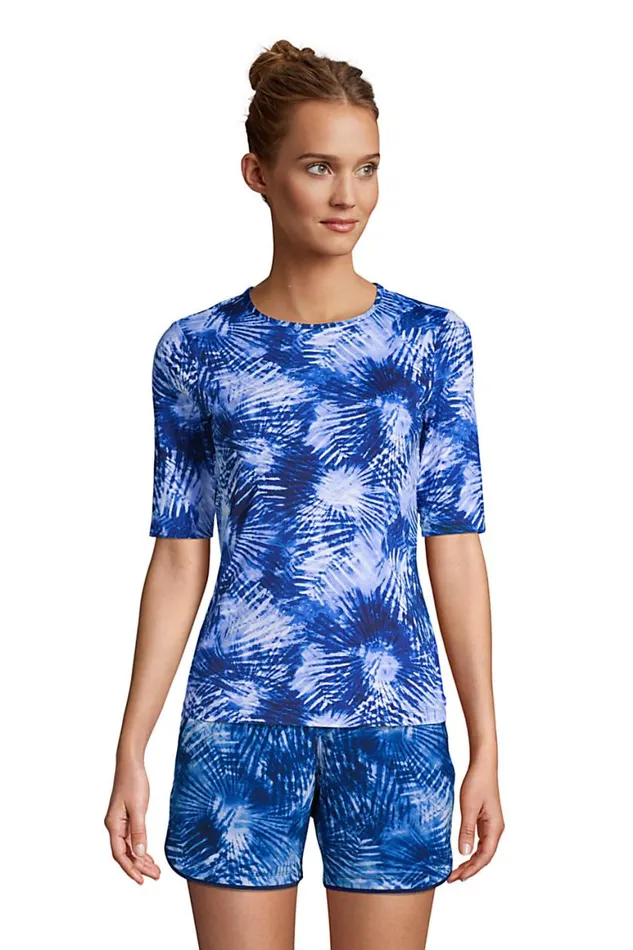 Lands039 End Swimsuits Women Crew Neck Elbow Sleeve Rash Guard Upf 50 Sun Protection Modest Swim Tee Deep Sea Navy Tie Dye Palm Lands039 End Swimsuits Women Crew Neck Elbow Sleeve Rash Guard Upf 50 Sun Protection Modest Swim Tee Deep Sea Navy Tie Dye Palm