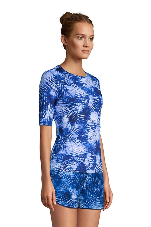 Lands039 End Swimsuits Women Crew Neck Elbow Sleeve Rash Guard Upf 50 Sun Protection Modest Swim Tee Deep Sea Navy Tie Dye Palm Lands039 End Swimsuits Women Crew Neck Elbow Sleeve Rash Guard Upf 50 Sun Protection Modest Swim Tee Deep Sea Navy Tie Dye Palm