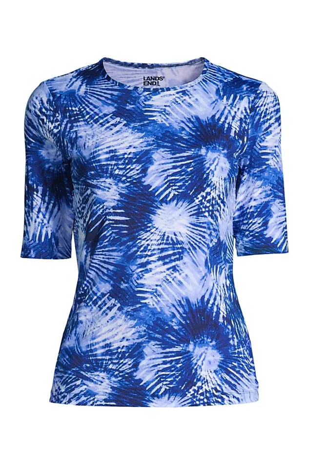 Lands039 End Swimsuits Women Crew Neck Elbow Sleeve Rash Guard Upf 50 Sun Protection Modest Swim Tee Deep Sea Navy Tie Dye Palm Lands039 End Swimsuits Women Crew Neck Elbow Sleeve Rash Guard Upf 50 Sun Protection Modest Swim Tee Deep Sea Navy Tie Dye Palm