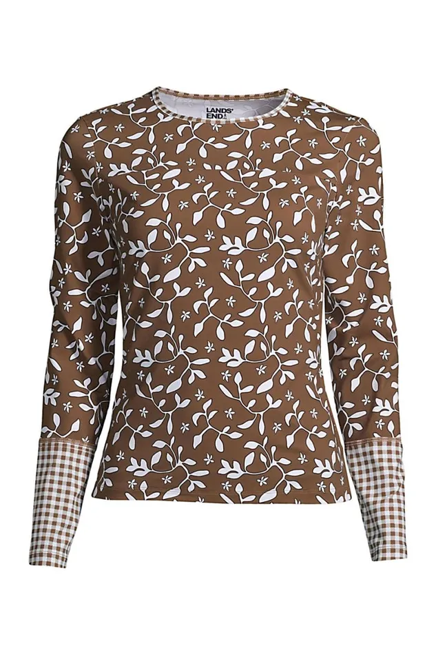 Lands039 End Swimsuits Women Crew Neck Long Sleeve Rash Guard Upf 50 Sun Protection Modest Swim Tee Allspice Floral Lands039 End Swimsuits Women Crew Neck Long Sleeve Rash Guard Upf 50 Sun Protection Modest Swim Tee Allspice Floral