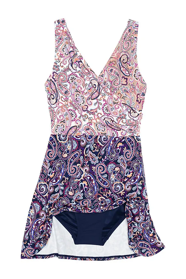Lands039 End Swimsuits Women Mastectomy Chlorine Resistant Tummy Control Surplice Wrap Swim Dress One Piece Swimsuit Deep Sea Navy Paisley Mix Lands039 End Swimsuits Women Mastectomy Chlorine Resistant Tummy Control Surplice Wrap Swim Dress One Piece Swimsuit Deep Sea Navy Paisley Mix