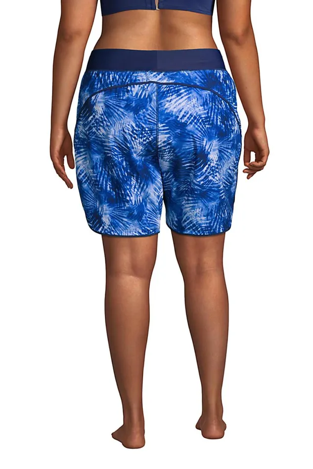 Lands039 End Swimsuits Women Plus Size 9034 Quick Dry Elastic Waist Modest Board Swim Coverup Shorts With Panty Print Deep Sea Navy Tie Dye Palm