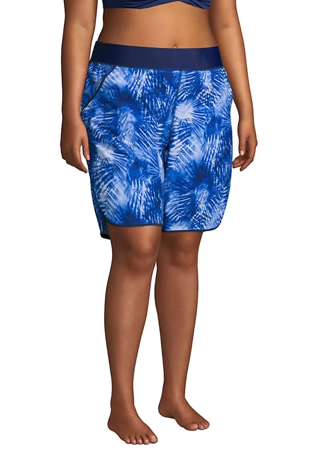 Lands039 End Swimsuits Women Plus Size 9034 Quick Dry Elastic Waist Modest Board Swim Coverup Shorts With Panty Print Deep Sea Navy Tie Dye Palm