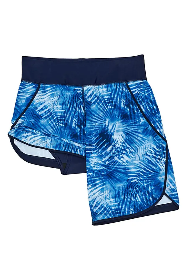 Lands039 End Swimsuits Women Plus Size 9034 Quick Dry Elastic Waist Modest Board Swim Coverup Shorts With Panty Print Deep Sea Navy Tie Dye Palm