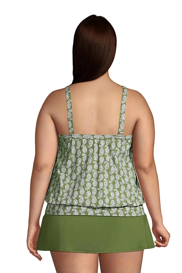 Lands039 End Swimsuits Women Plus Size Chlorine Resistant Blouson Tummy Hiding Tankini Top Swimsuit Adjustable Straps Chive Paisley