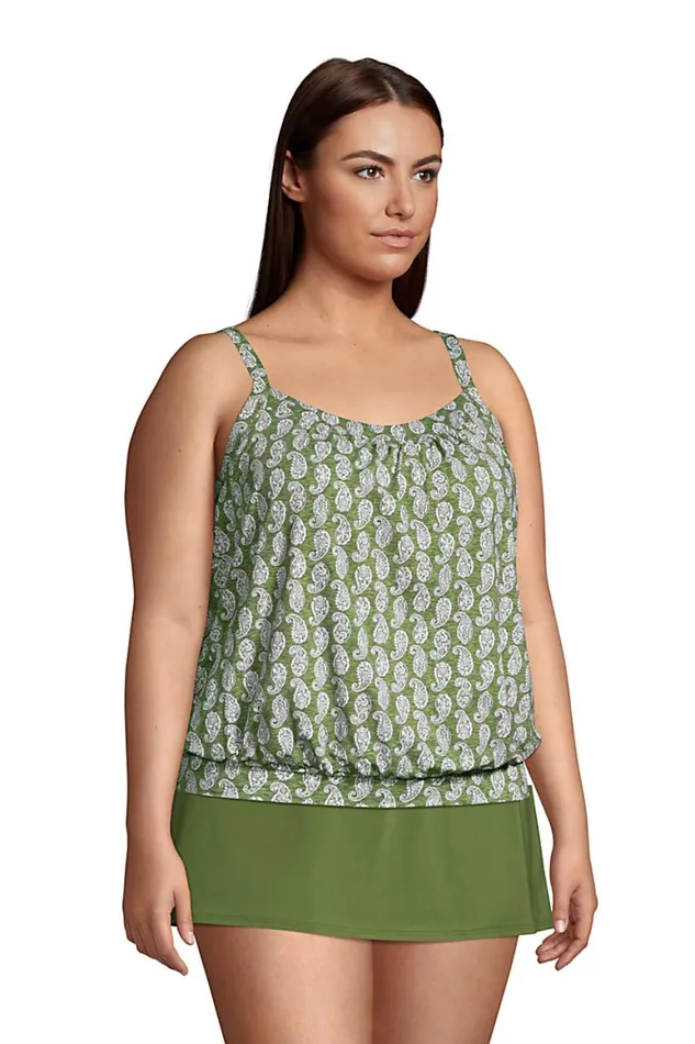 Lands039 End Swimsuits Women Plus Size Chlorine Resistant Blouson Tummy Hiding Tankini Top Swimsuit Adjustable Straps Chive Paisley