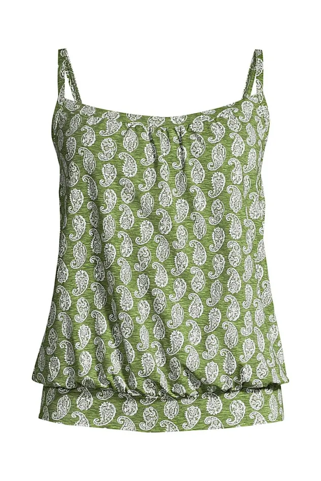 Lands039 End Swimsuits Women Plus Size Chlorine Resistant Blouson Tummy Hiding Tankini Top Swimsuit Adjustable Straps Chive Paisley