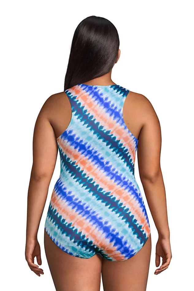 Lands039 End Swimsuits Women Plus Size Chlorine Resistant No Wire High Neck Snap Front One Piece Swimsuit Deep Sea Navy Bias Tie Dye