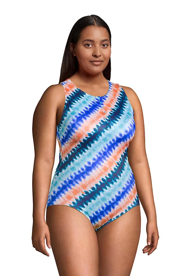 Lands039 End Swimsuits Women Plus Size Chlorine Resistant No Wire High Neck Snap Front One Piece Swimsuit Deep Sea Navy Bias Tie Dye